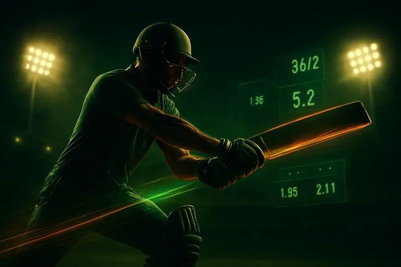 Cricket athlete in motion with neon speed trail and digital scoreboard
