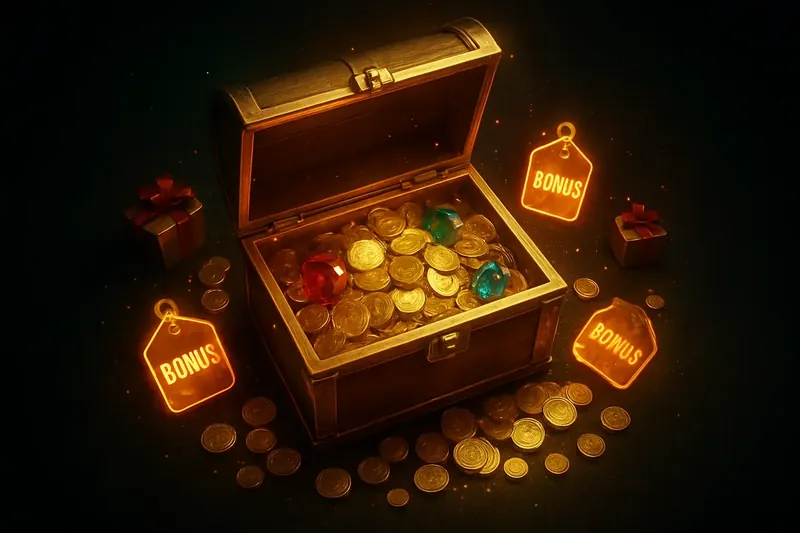 Golden treasure chest bursting with coins, gems, gift boxes, bonus tags