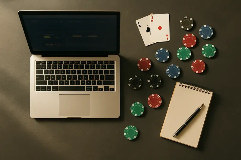 Open laptop with casino chips, cards, and notepad on dark slate