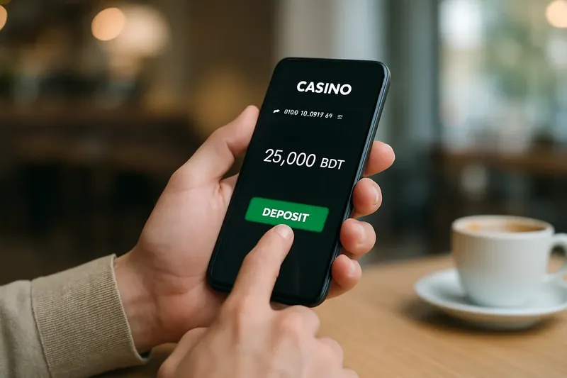 Man typing on smartphone casino app showing live scores and BDT deposit
