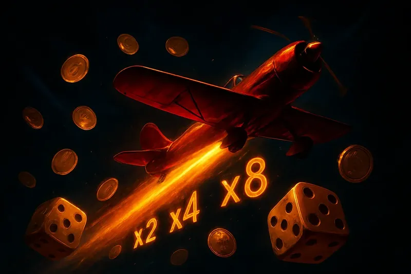 Red airplane soaring with glowing multiplier trail, coins and dice floating