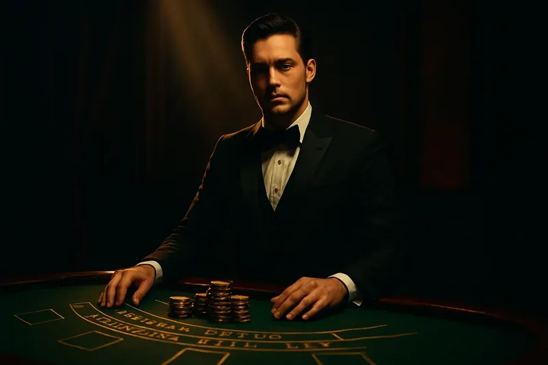 Professional dealer behind green felt table with golden chips under spotlight