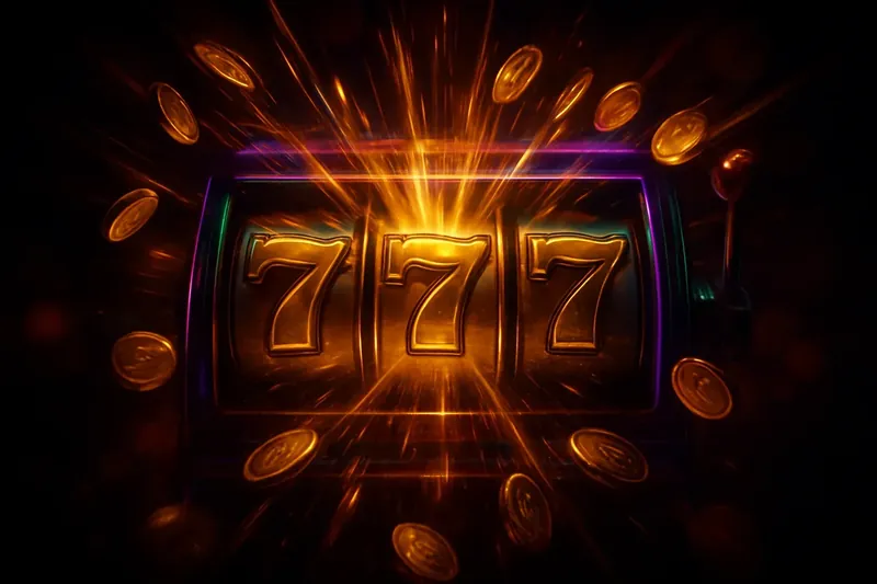 Slot machine jackpot with golden 777 symbols, coins, and neon light beams